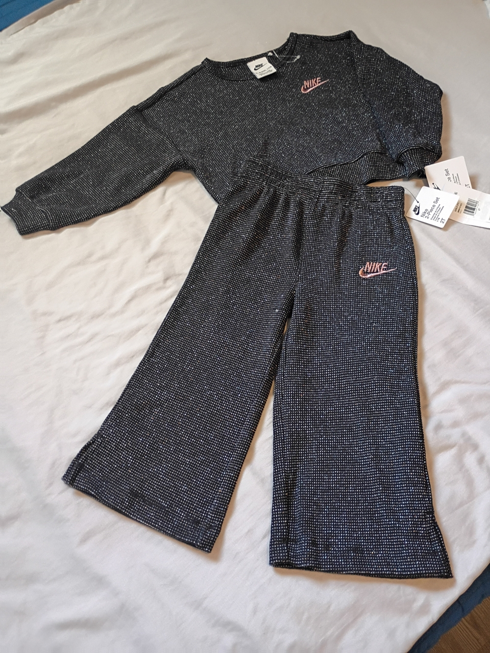 Nike Girls' Black Sparkle Wide-Leg Knit Bottoms - Black with Pink Logo